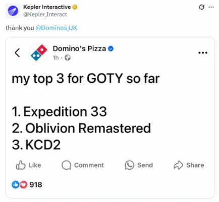 达美乐披萨评年度游戏：光与影、老滚4re和天国拯救2