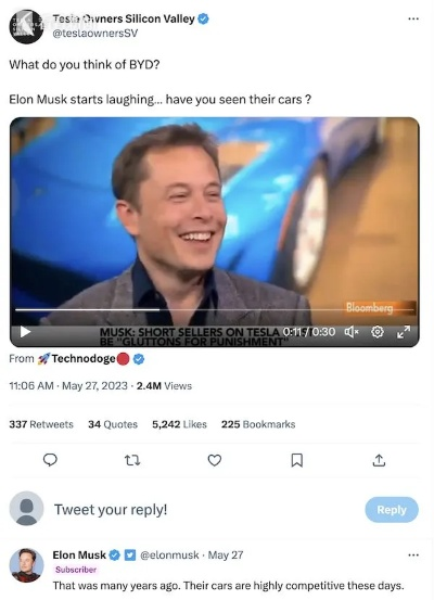 马斯克回应嘲笑比亚迪，科技圈的对线里，藏着玩家最懂的胜负逻辑？